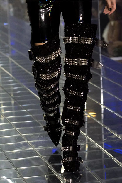 Luxury Crystal Decor Thigh High Boots Women 2026 Runway Bling Bling Buckle Belted over the Knee Boots Women Autumn Winter Shoes