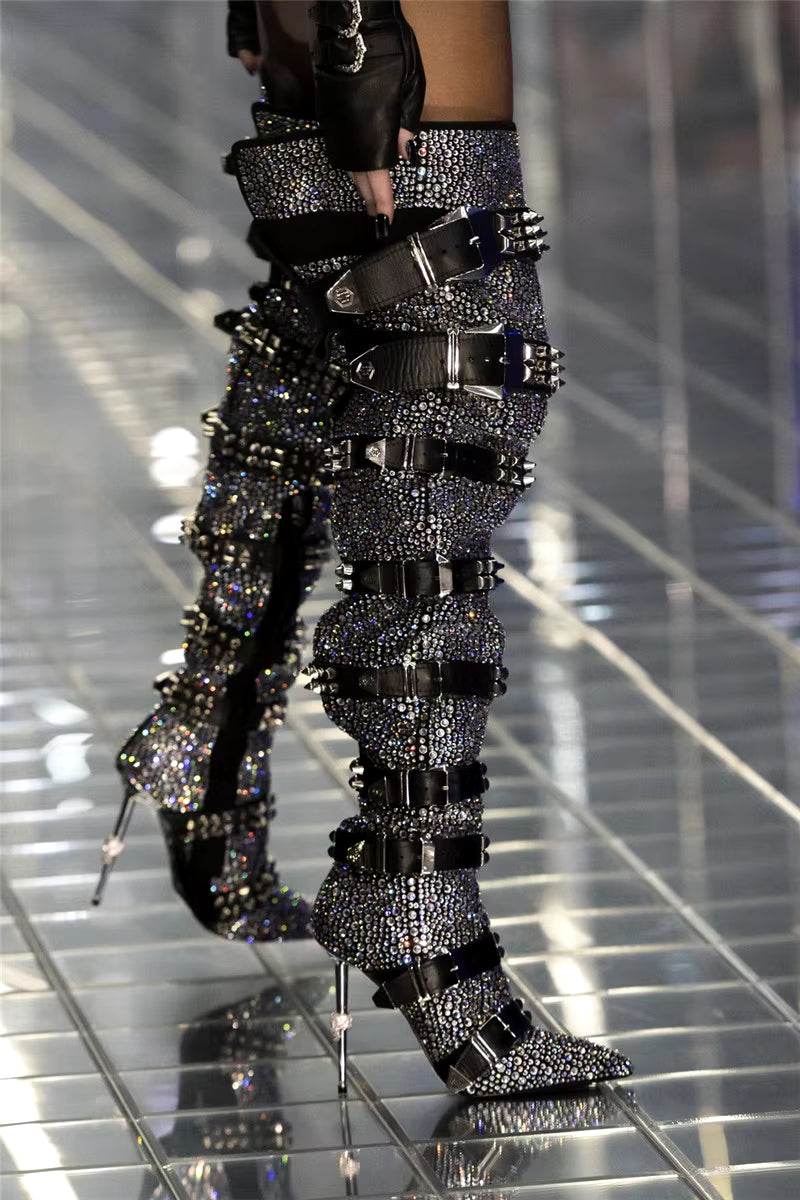 Luxury Crystal Decor Thigh High Boots Women 2026 Runway Bling Bling Buckle Belted over the Knee Boots Women Autumn Winter Shoes
