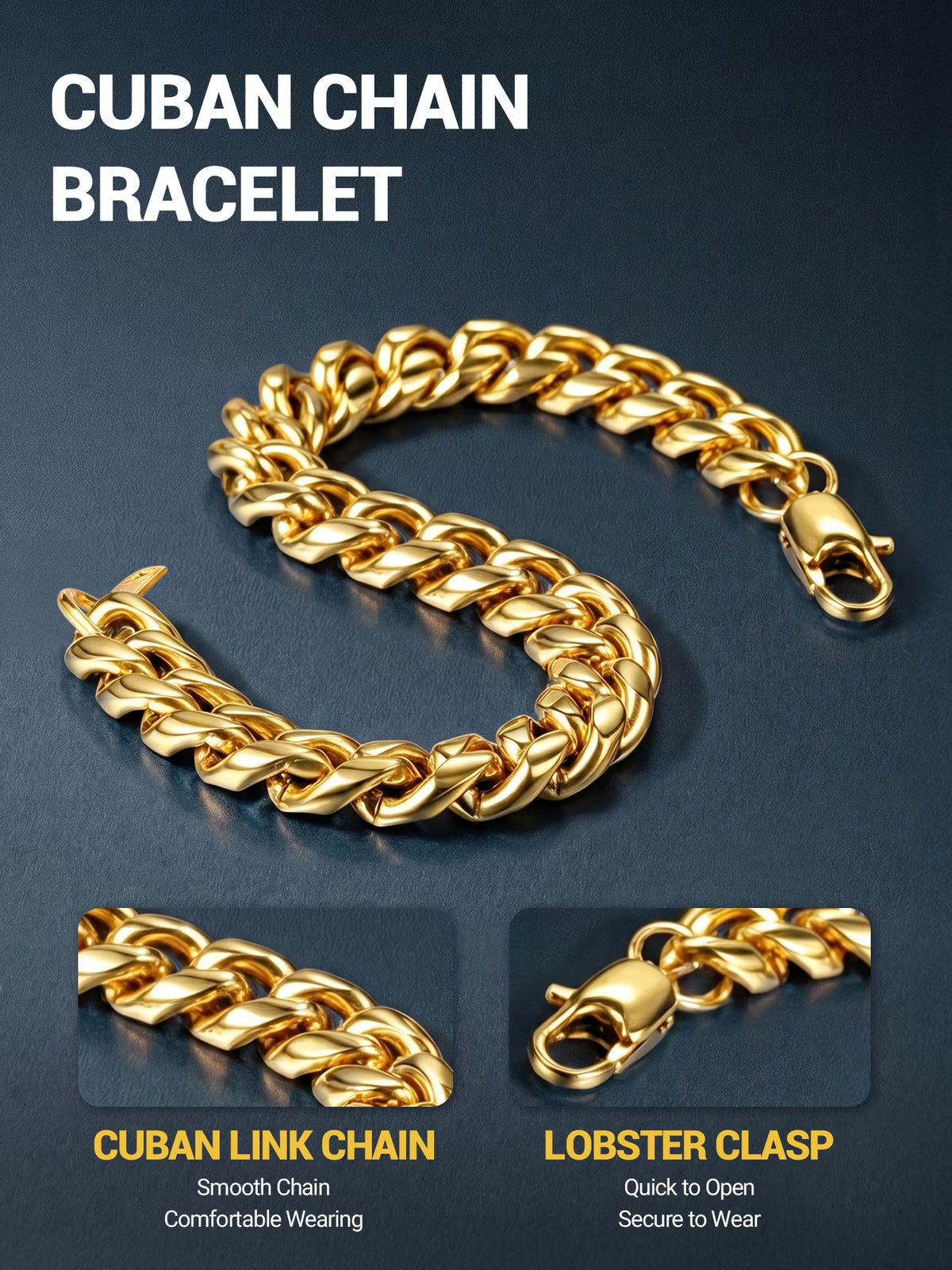 Gold Plated Bracelet for Men Chunky Cuban Bracelet 10MM 7.5 Inch Stainless Steel Chain Bracelet Mens Birthday Father Day Graduation Jewelry Gifts for Him Dad Adults Age