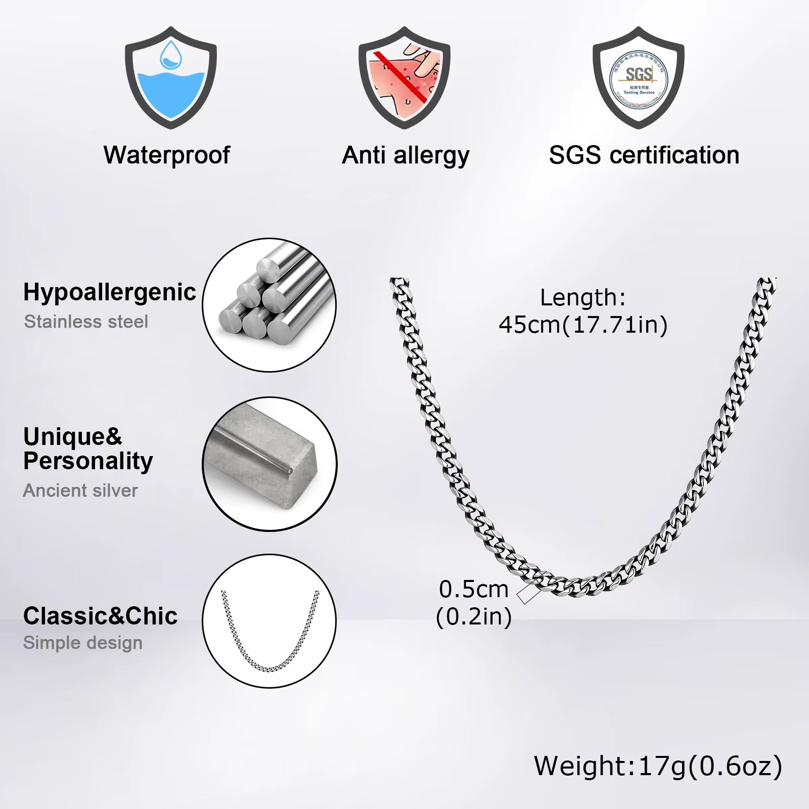 3-11MM Classic Cuban Chain Necklace for Men Women,Silver Black Gold Grey Color Stainless Steel Chains,Basic Punk Jewelry Gift