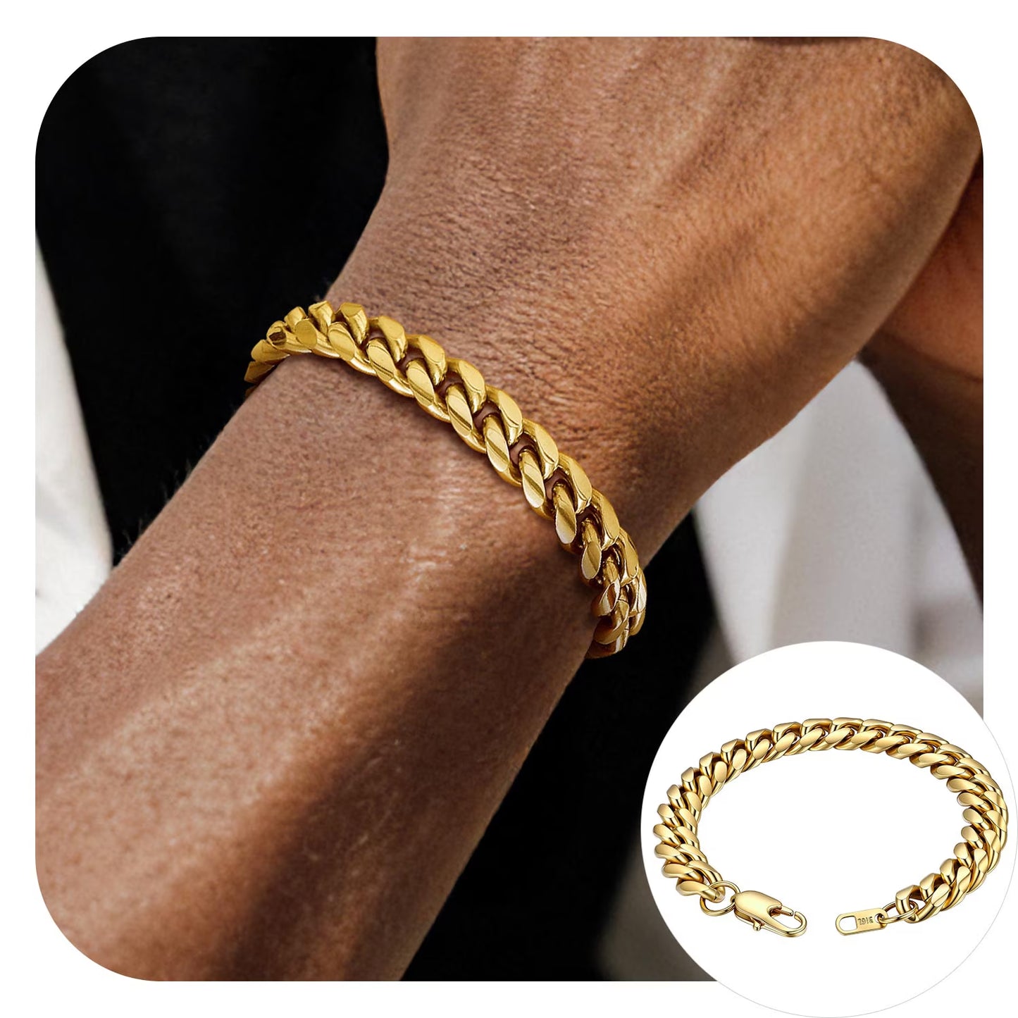 Gold Plated Bracelet for Men Chunky Cuban Bracelet 10MM 7.5 Inch Stainless Steel Chain Bracelet Mens Birthday Father Day Graduation Jewelry Gifts for Him Dad Adults Age